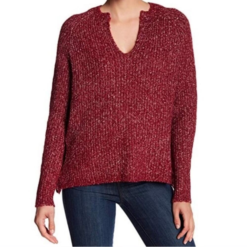 John + Jenn Marled Chunky‎ Knit Sweater Size M Cranberry Burgundy Lace Up Sides